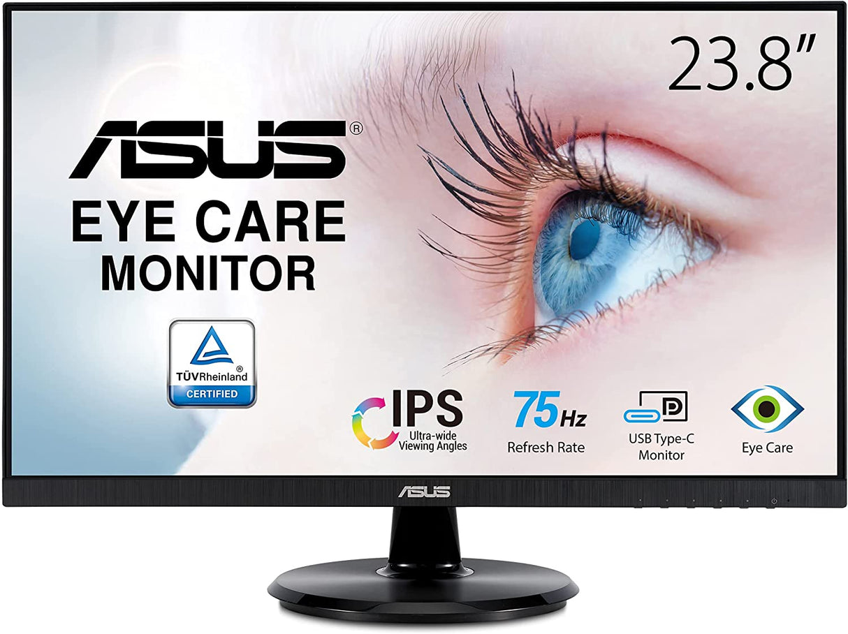 ASUS 23.8” 1080P Monitor (VA24DCP) - Full HD, IPS, 75Hz, USB-C 65W Power Delivery, Speakers, Adaptive-Sync/FreeSync, Low Blue Light, Flicker Free, VESA Mountable, Frameless, HDMI 23.8" IPS USB-C Power Delivery