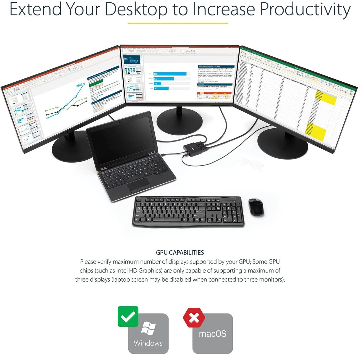 StarTech.com 3-Port Multi Monitor Adapter - Mini DisplayPort to DisplayPort MST Hub, Dual 4K30Hz & 1x 1080p - Video Splitter for Extended Desktop Mode on Windows Only - mDP 1.2 to 3x DP (MSTMDP123DP) Mini DisplayPort to 3x DisplayPort