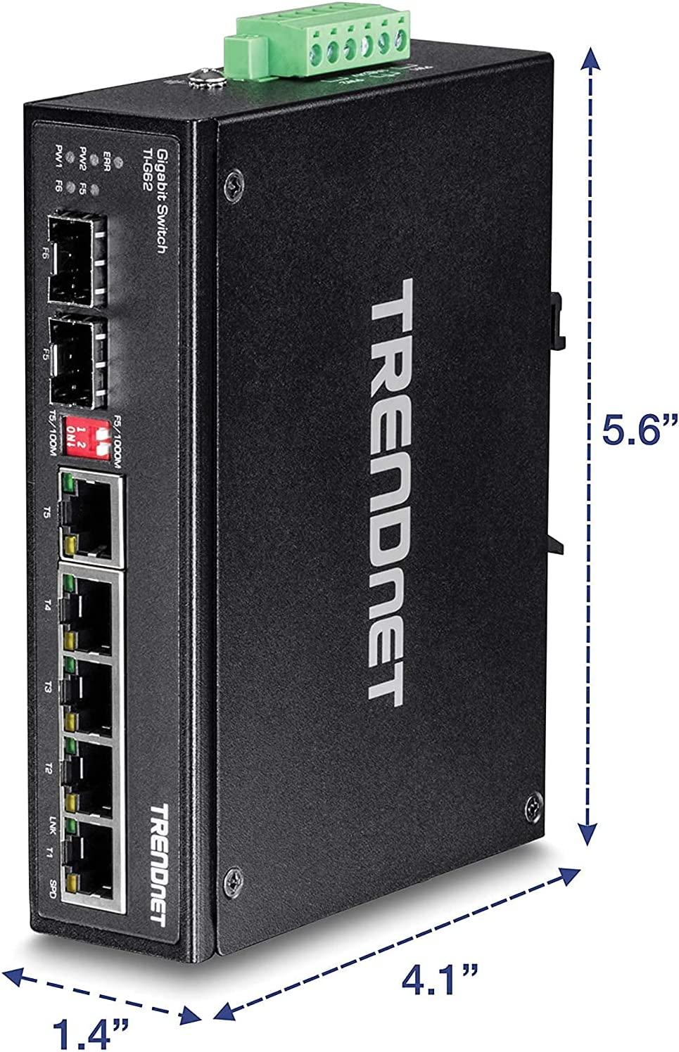 TRENDnet 6-Port Hardened Industrial Gigabit DIN-Rail Switch, 12 Gbps Switching Capacity, IP30 Rated Metal Housing (-40 to 167 ºF),DIN-Rail & Wall Mounts Included,Lifetime Protection,Black,TI-G62
