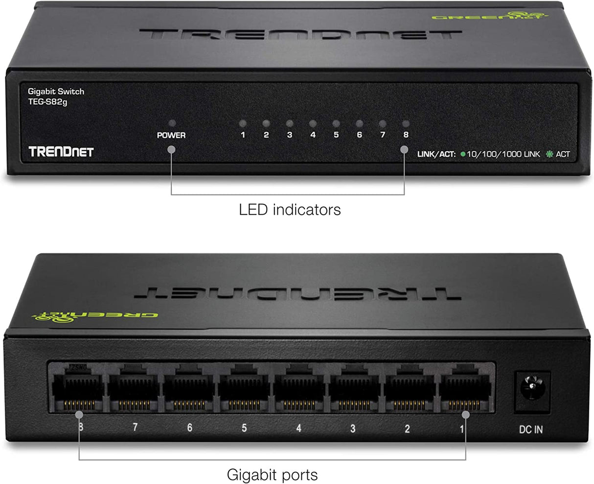 TRENDnet 8-Port Gigabit GREENnet Switch, Ethernet Network Switch, 8 x 10-100-1000 Mbps Gigabit Ethernet Ports, 16 Gbps Switching Capacity, Metal, Lifetime Protection, Black, TEG-S82G 8-Port Unmanaged