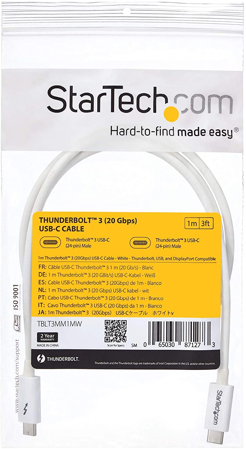 StarTech.com 20Gbps Thunderbolt 3 Cable - 3.3ft/1m - White - 4k 60Hz - Certified TB3 USB-C to USB-C Charger Cord w/ 100W Power Delivery (TBLT3MM1MW),20Gbps - White 3ft 20Gbps | White