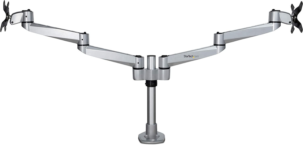 StarTech.com Desk Mount Dual Monitor Arm - Premium Articulating Monitor Arm - up to 27 VESA Mount Displays - Height Adjustable Monitor Mount - Rotate/Tilt/Swivel - Clamp/Grommet - Silver (ARMDUALPS)
