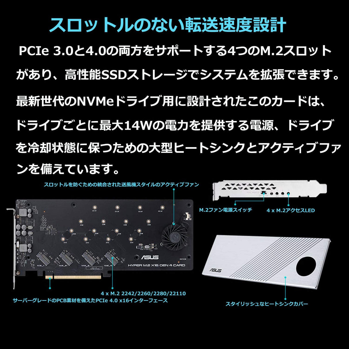 ASUS Hyper M.2 X16 PCIe 4.0 X4 Expansion Card Supports 4 NVMe M.2 (2242/2260/2280/22110) up to 256Gbps for AMD 3rd Ryzen sTRX40, AM4 Socket and Intel VROC NVMe Raid