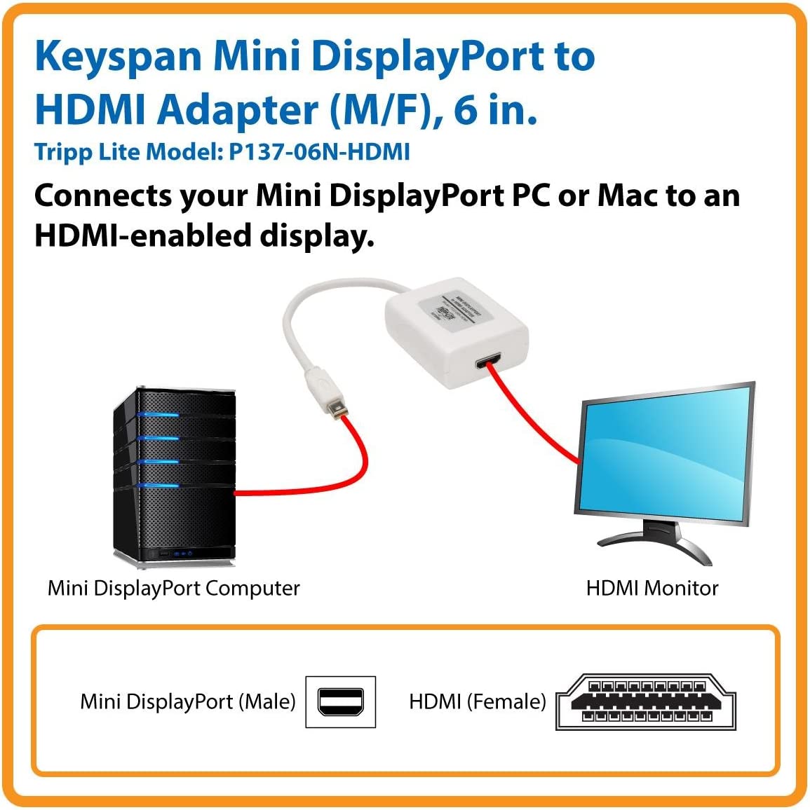 Tripp Lite Keyspan Mini DisplayPort to HDMI Cable Adapter, MDP to HDMI (M/F), MDP2HDMI, 1080p, 6-in. (P137-06N-HDMI)