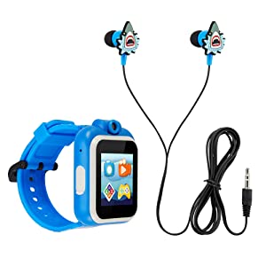 Playzoom Kids Smartwatch & Earbuds Set - Video Camera Selfies STEM Learning Educational Fun Games, MP3 Music Player Audio Books Touch Screen Sports Digital Watch Fun Gift for Kids Toddlers Boys Girls PlayZoom 2 W/Earbuds Blue Shark