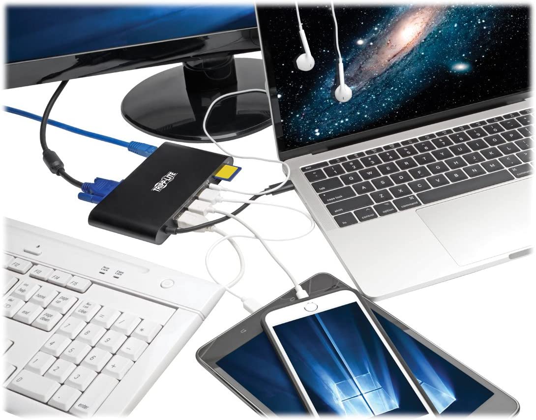 Tripp Lite USB 3.1 Gen 1 USB-C Docking Station w/USB-A, HDMI, VGA, mDP, Gigabit Ethernet, Mem Card, 3.5mm & USB-C PD Charging, Black Housing USB C, USB Type C, USB Type-C (U442-DOCK1B)