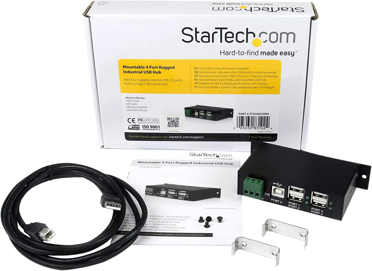 StarTech.com 4-Port USB 2.0 Hub - Metal Industrial USB-A Hub - Din Rail, Wall or Desk Mountable USB Data Hub - TAA Compliant USB Expander Hub (ST4200USBM)