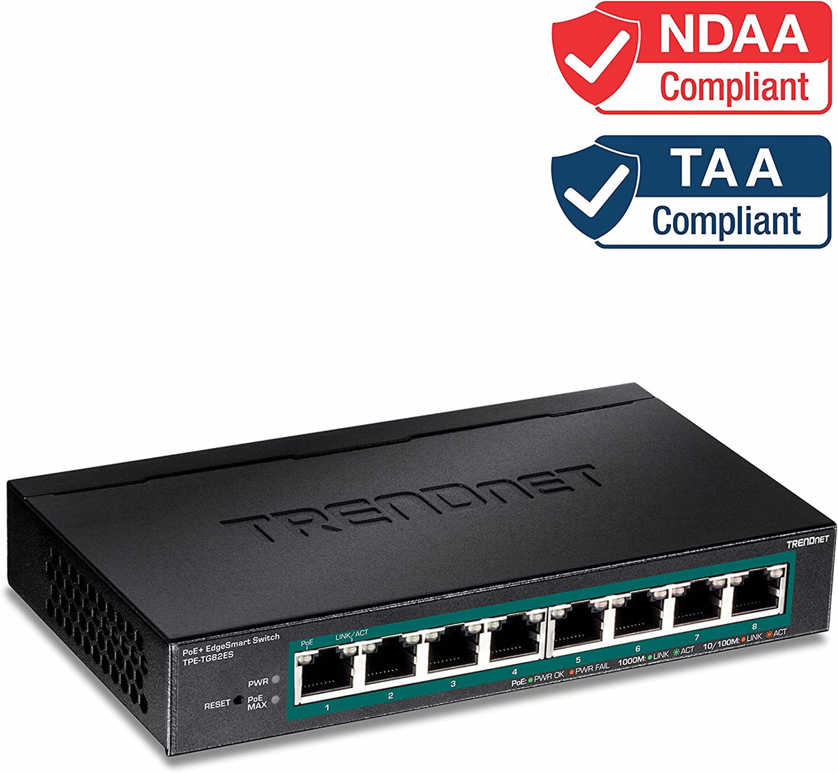 TRENDnet 8-Port Gigabit EdgeSmart PoE+ Switch, 8 x Gigabit PoE+ Ports, 64W PoE Power Budget, Managed PoE+ Switch, Wall Mountable, Desktop Ethernet Switch, Lifetime Protection, Black, TPE-TG82ES