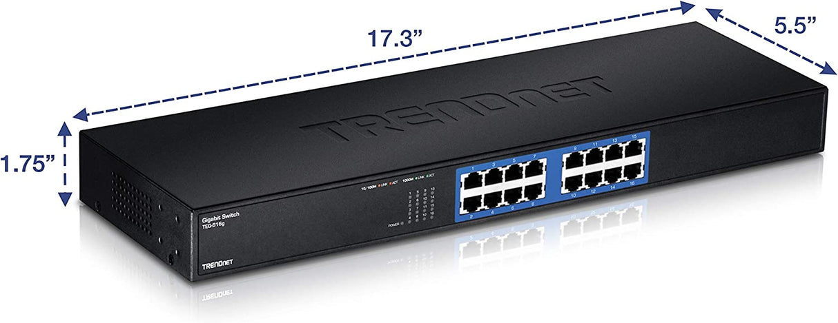 TRENDnet - TEG-S16G 16-Port Unmanaged Gigabit GREENnet Switch, TEG-S16G, 16 x RJ-45 Ports, 32 Gbps Switching Capacity, Fanless, Rack Mountable, Network Ethernet Switch, Lifetime Protection Black 16-Port Metal Rack Mount
