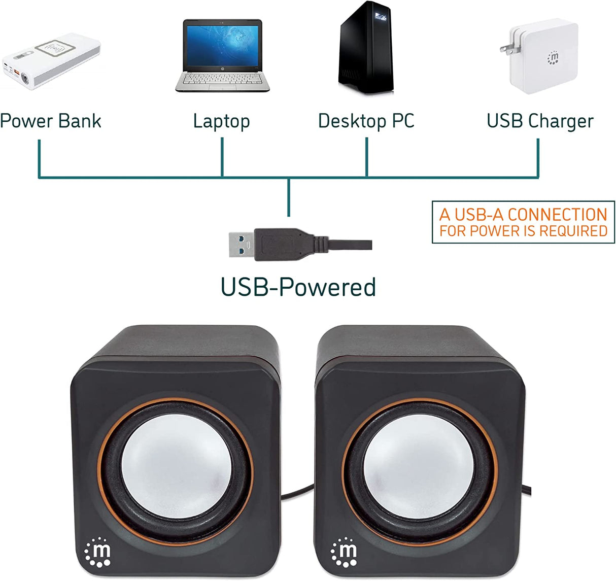 Manhattan USB Powered Stereo Speaker System - Small Size - with Volume Control & 3.5 mm Aux Audio Plug to Connect to Laptop, Notebook, Desktop, Computer - 3 Yr Mfg Warranty - Black Orange, 161435