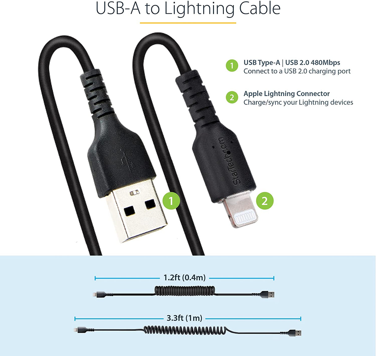 StarTech.com 1m (3ft) USB to Lightning Cable, MFi Certified, Coiled iPhone Charger Cable, Black, Durable TPE Jacket Aramid Fiber, Heavy Duty Coil Lightning Cable (RUSB2ALT1MBC) 1m / 3ft USB-A