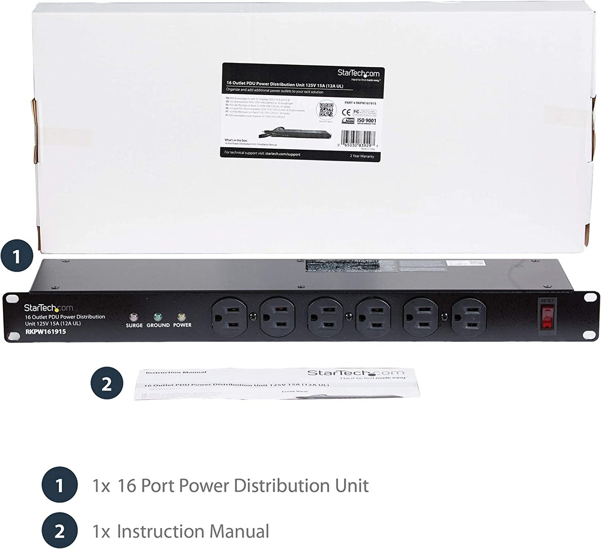StarTech.com 16 Outlet Horizontal 1U Rack Mount PDU Power Strip for Network Server Racks - Surge Protection - 120V/15A - 6ft Power Cord (RKPW161915) 16 Outlets | 15A Power Strip