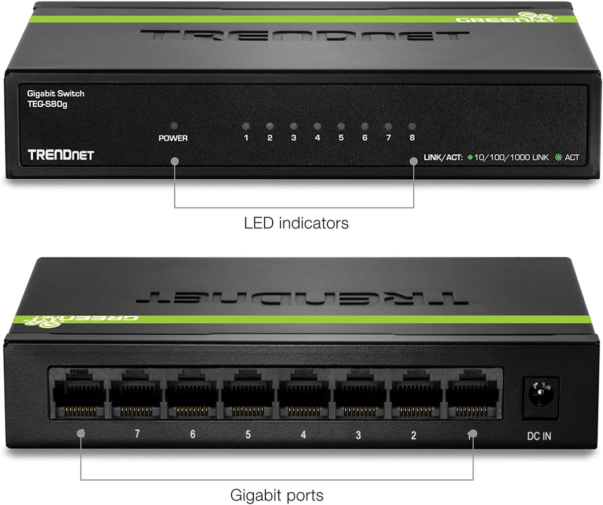 TRENDnet 8-Port Unmanaged Gigabit GREENnet Desktop Metal Switch, Ethernet Splitter, Fanless,16Gbps Switching Capacity, Plug & Play, Lifetime Protection, TEG-S80G,Black 8-Port Gigabit