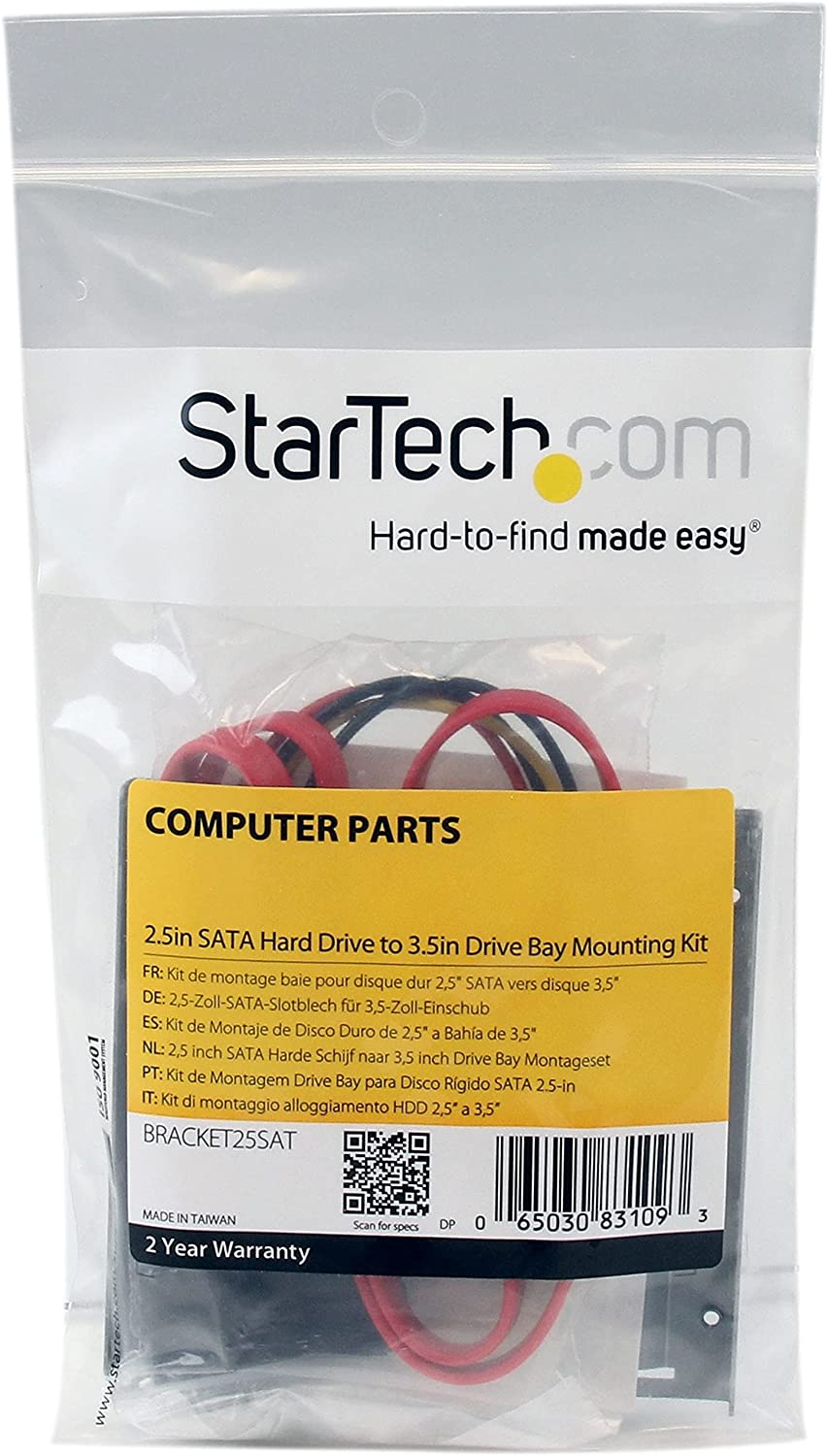 StarTech.com SSD Mounting Bracket - Solid Metal - 2.5in to 3.5 Hard Drive Adapter - SSD Bracket - SSD Upgrade Kit (BRACKET25SAT) 1x3.5" Bay 1x2.5" Drive (SATA)