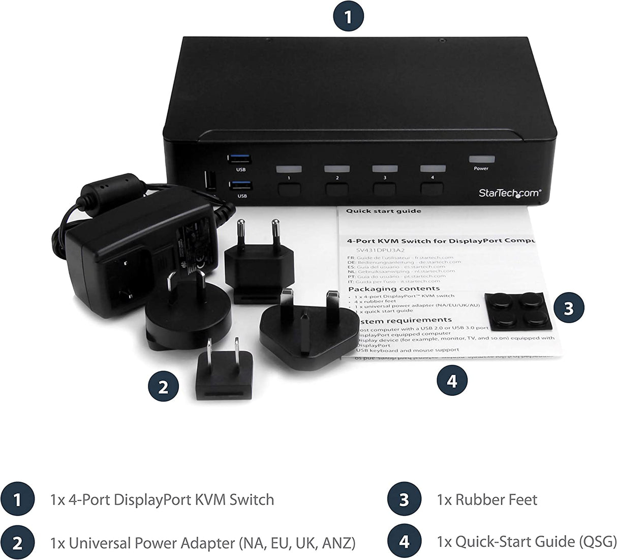StarTech.com 4 Port DisplayPort KVM Switch - 4K 60Hz - Single Display - Dual Port UHD DP 1.2 USB KVM Switch with Integrated USB 2.0 Hub & Audio - Dell, HP, Apple, Lenovo - TAA Compliant (SV431DPUA2)