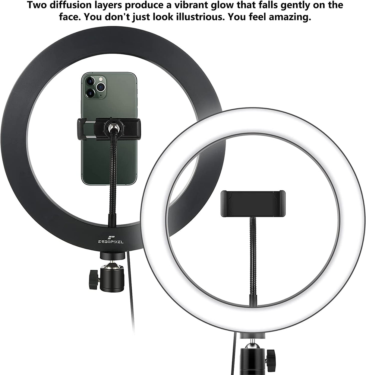 Ergopixel 10" Selfie Ring Light with 86" Adjustable Tripod Stand & Phone Holder for Makeup/Live Stream, Upgraded Dimmable LED Ringlight for Tiktok/YouTube/Zoom Meeting/Photography