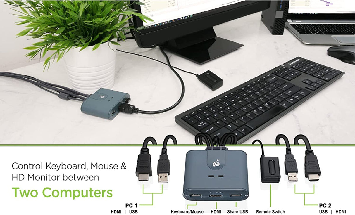 IOGEAR 2-Port USB HDMI Cabled KVM - 1920x1200@60Hz - Remote Button Switch - Plug-n-Play - Molded Cables Design for Easy Setup - Xbox / PS4/5 - Windows, Mac and Linux - GCS32HU