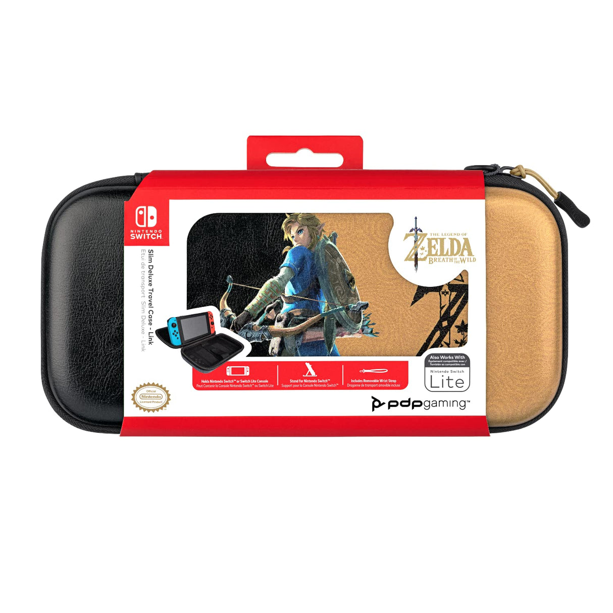 PDP Gaming Officially Licensed Switch Slim Deluxe Travel Case - Zelda Breath of the WIld - Semi-Hardshell - Console Stand - Protective PU Leather - Holds 14 Games - Works with Switch OLED & Lite Hyrule Hero Link