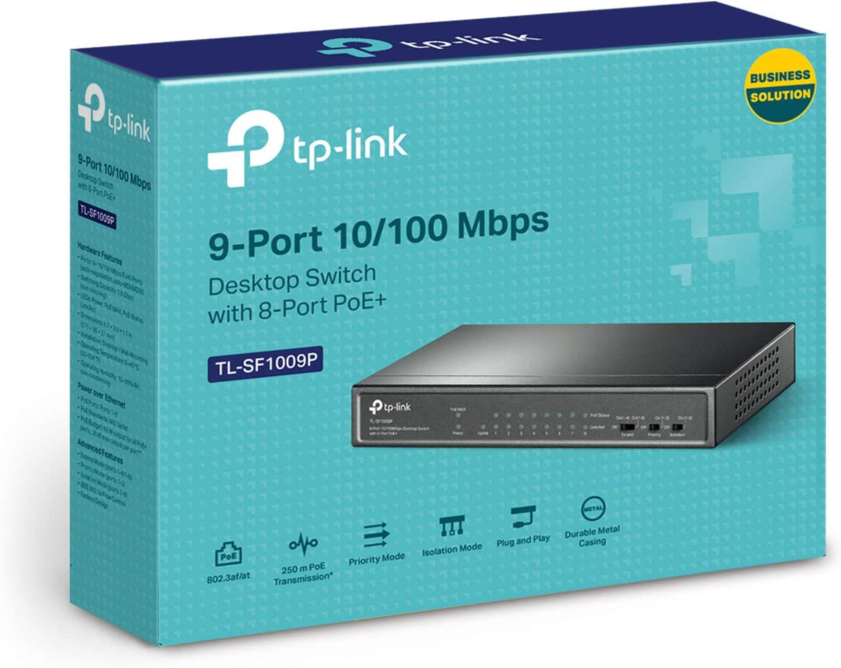 TP-Link 9 Port Fast Ethernet 10/100Mbps PoE Switch | 8 PoE+ Ports @65W | Sturdy Metal w/Shielded Ports | Limited Lifetime Protection | Extend Mode | Priority Mode | Isolation Mode (TL-SF1009P) 9 Port w/ 8-Port PoE+