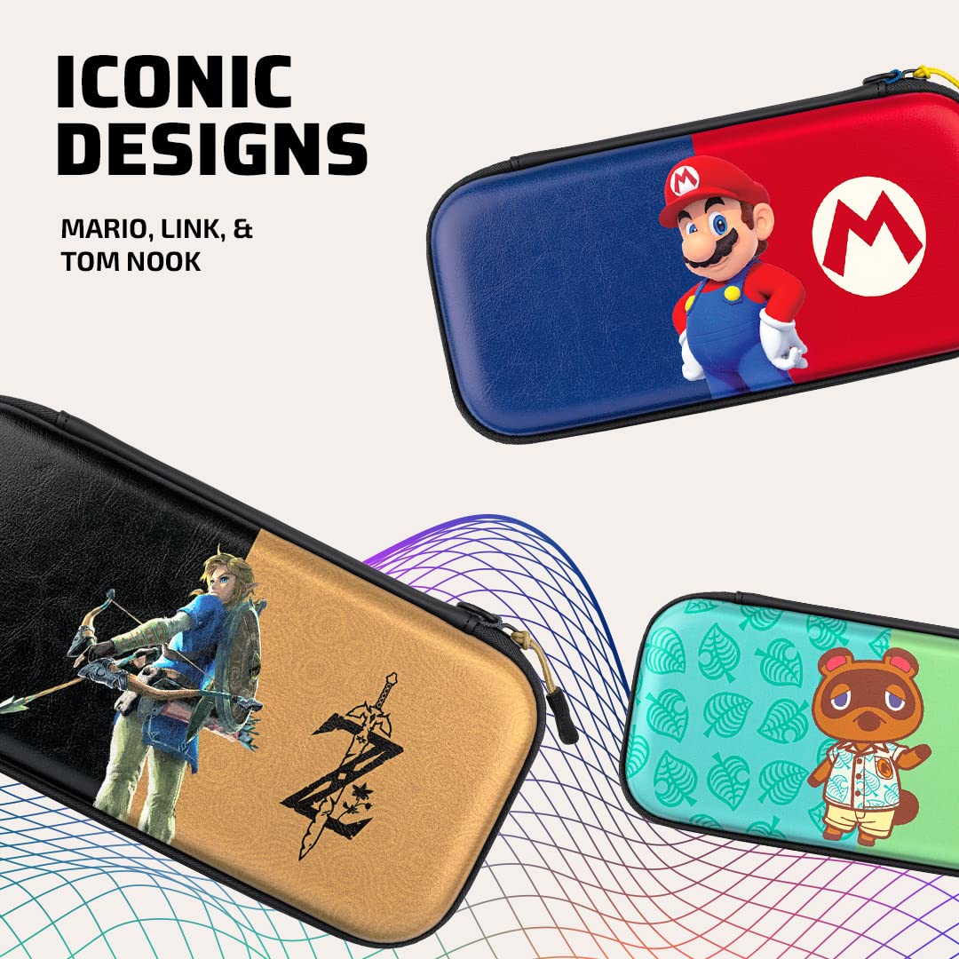 PDP Gaming Officially Licensed Switch Slim Deluxe Travel Case - Zelda Breath of the WIld - Semi-Hardshell - Console Stand - Protective PU Leather - Holds 14 Games - Works with Switch OLED & Lite Hyrule Hero Link