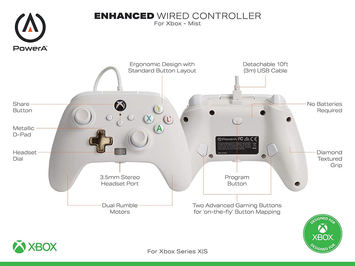 PowerA Enhanced Wired Controller for Xbox Series X|S - Mist, gamepad, wired video game controller, gaming controller, Xbox Series X|S White