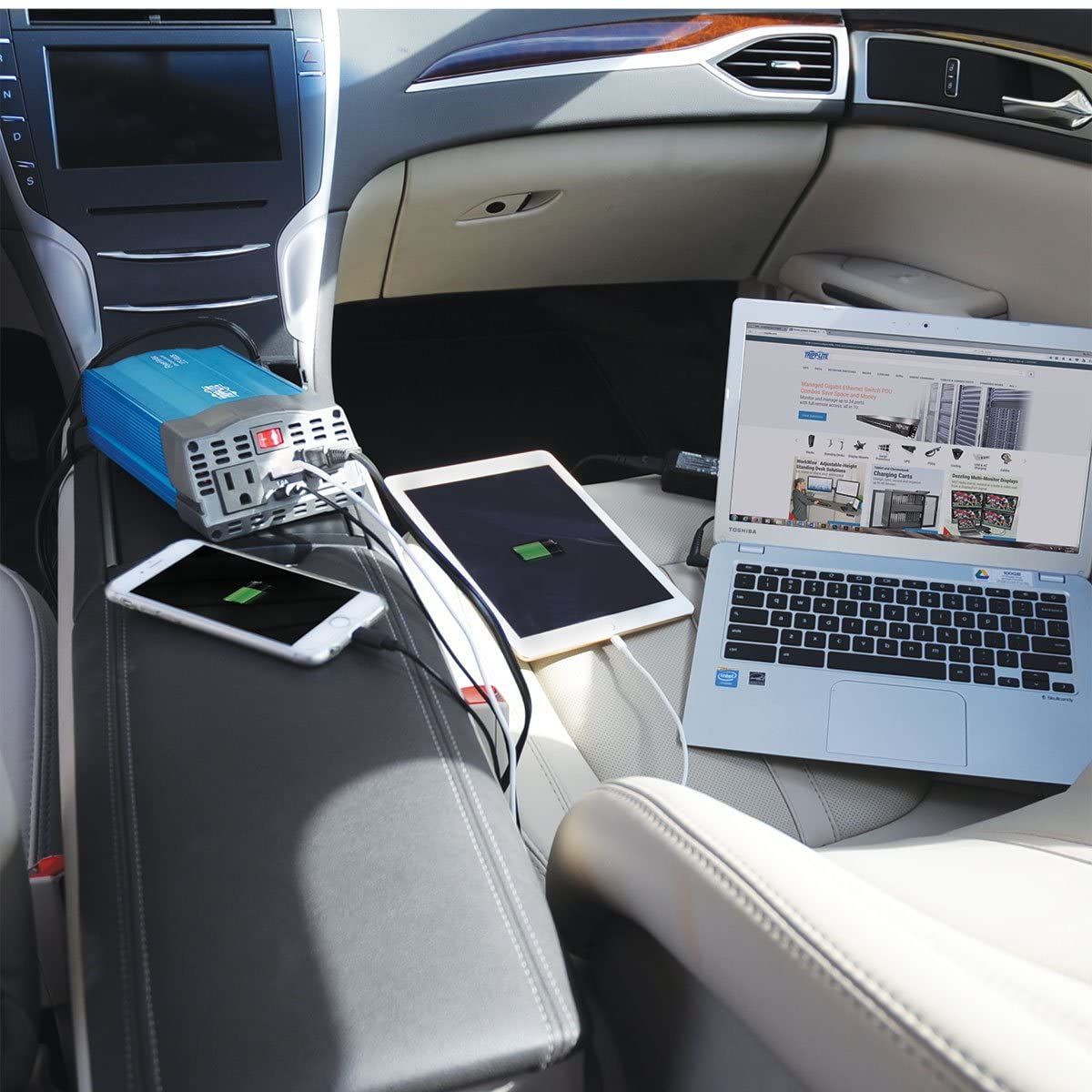 Tripp Lite 375W Compact Portable Car Power Inverter 2 Outlet 12V DC to 120V AC w/ 2-Port USB Charging Ports (PV375USB) BLACK/BLUE 375W + USB