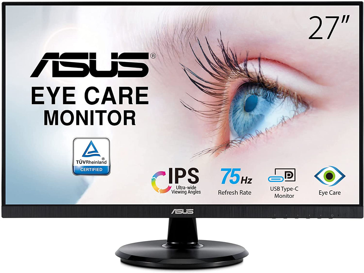 ASUS 27” 1080P Monitor (VA27DCP) - Full HD, IPS, 75Hz, USB-C 65W Power Delivery, Speakers, Adaptive-Sync/FreeSync, Eye Care, Low Blue Light, Flicker Free, VESA Mountable, Frameless, HDMI 27" IPS FHD USB-C Power Delivery