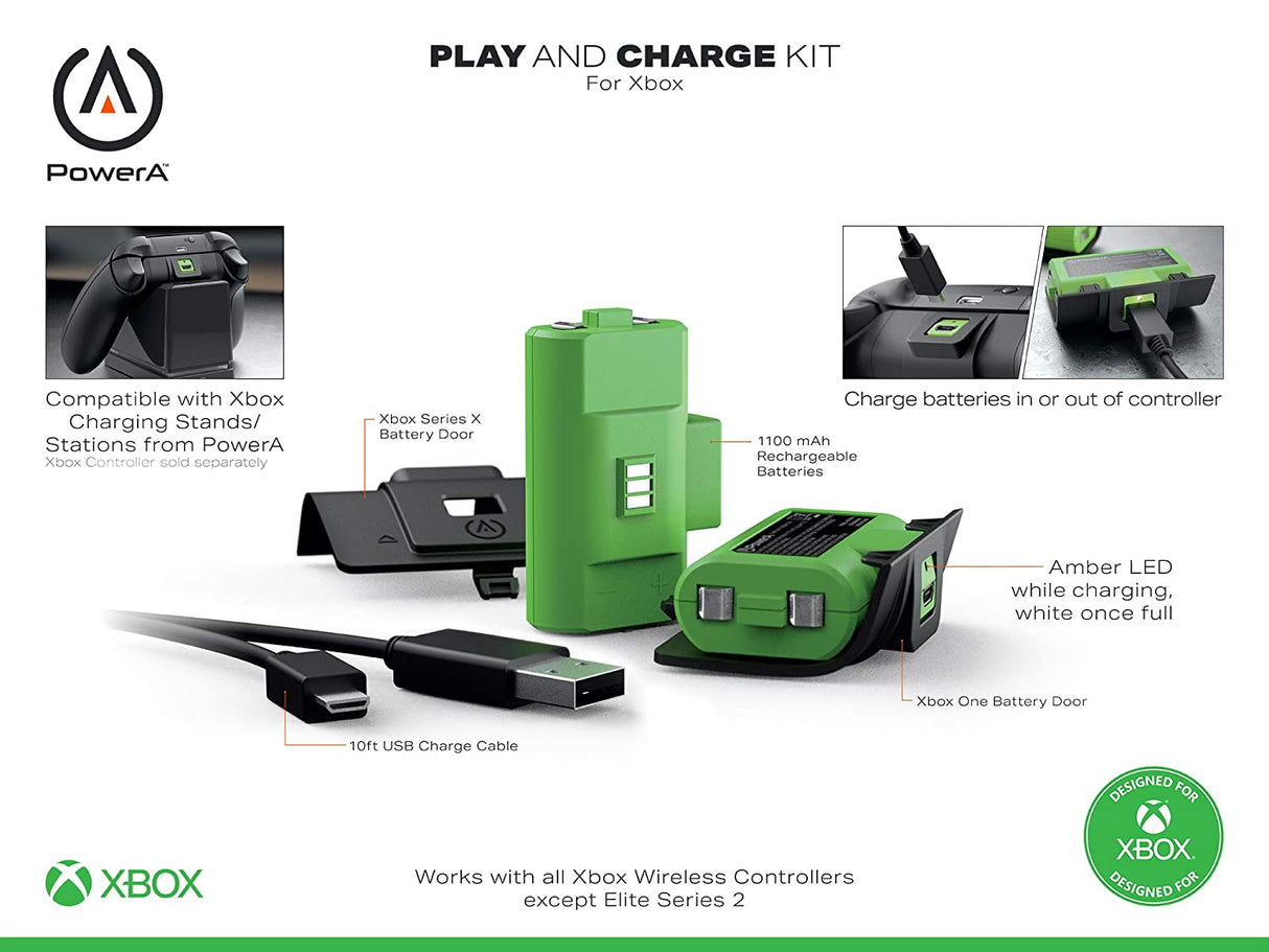 PowerA Play & Charge Kit for Xbox, Wireless Controller Charging, Charge, Rechargeable Battery, Xbox Series X|S, Xbox One - Xbox Series X Play & Charge Standard