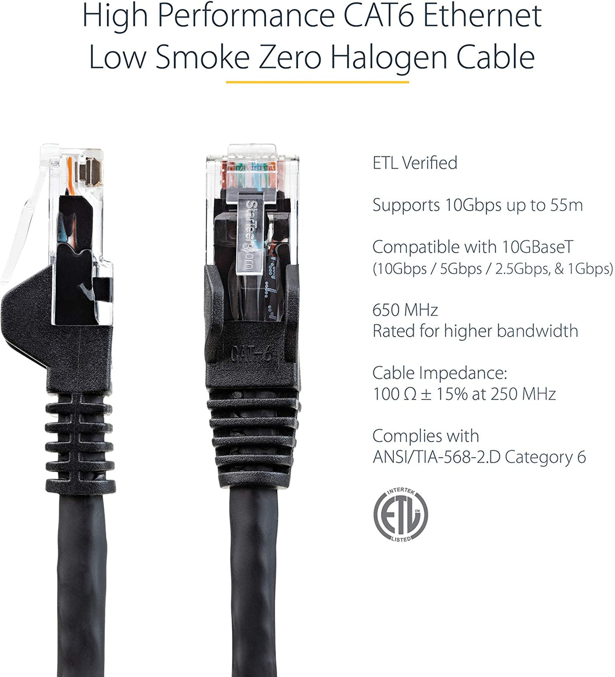 StarTech.com 50ft (15m) CAT6 Ethernet Cable - LSZH (Low Smoke Zero Halogen) - 10 Gigabit 650MHz 100W PoE RJ45 UTP Network Patch Cord Snagless w/Strain Relief - Black CAT 6, ETL Verified (N6LPATCH50BK) 50 ft Black