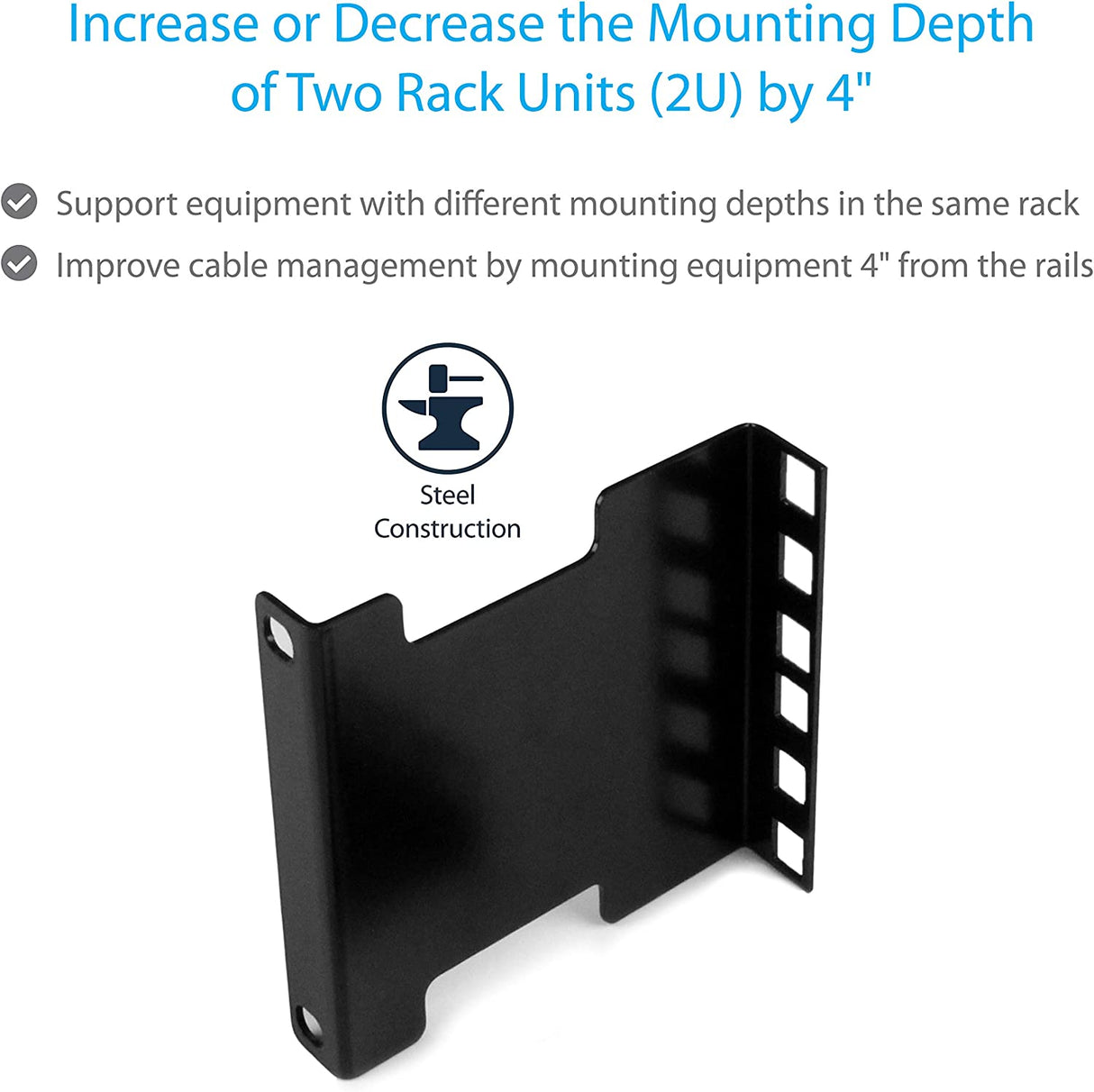 StarTech.com Server Rack Depth Extender - 2U - 4in / 10 cm - TAA Compliant - Recessed Rack Adapter - Rack Mount Adapter Kit - Network Rack Extender (RDA2U) 1"x3.5"x4.4"