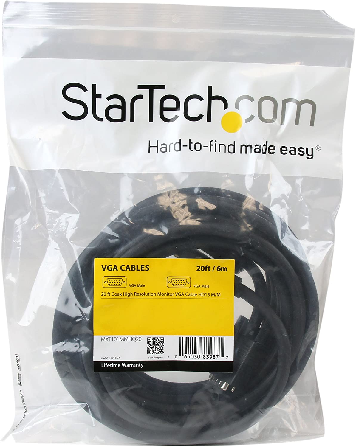 StarTech.com 20 ft. (6.1 m) VGA to VGA Cable - HD15 Male to HD15 Male - Coaxial High Resolution - VGA Monitor Cable (MXT101MMHQ20) 20 ft / 6m Standard Packaging