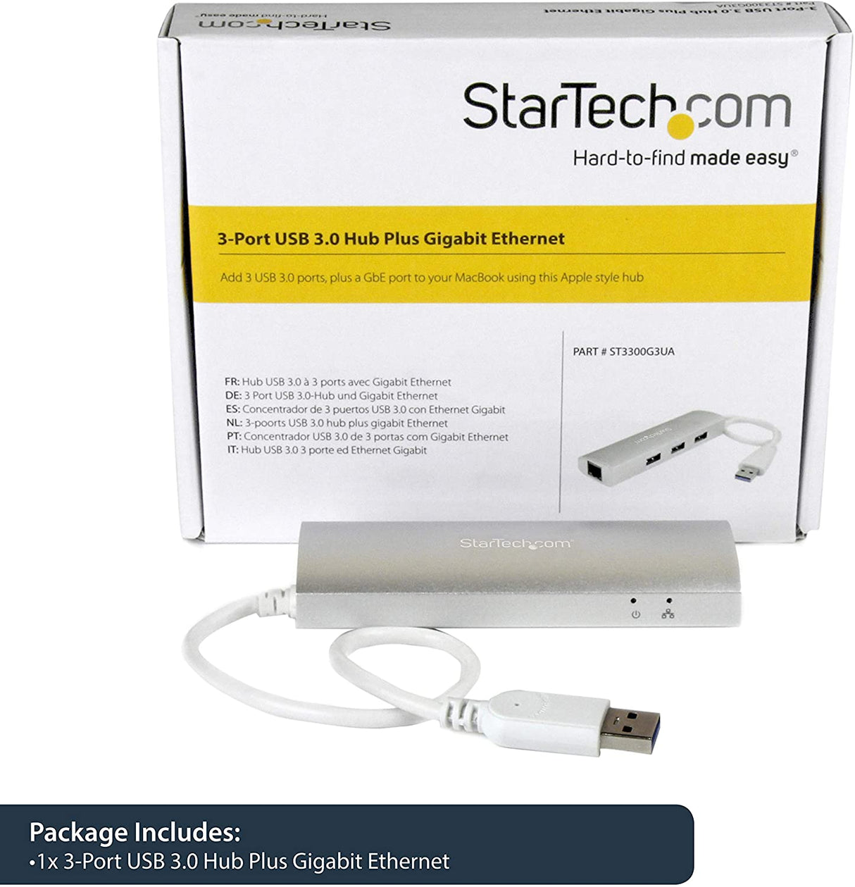 StarTech.com 3-Port USB 3.0 Hub with Gigabit Ethernet - Up to 5Gbps - Portable USB Port Expander with Built-in Cable (ST3300G3UA) Silver w/ 3 USB Ports