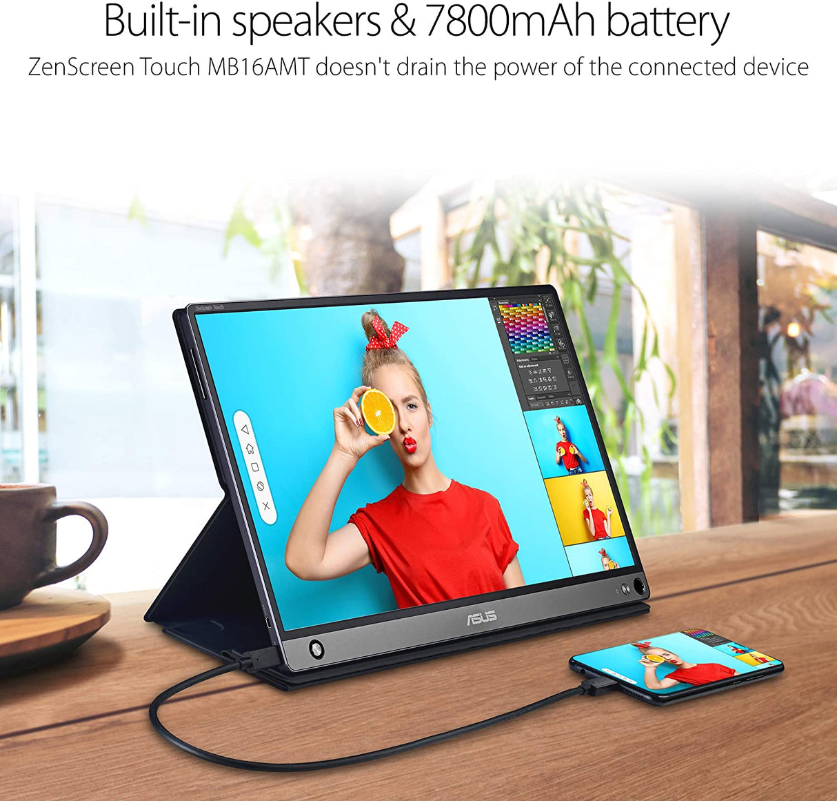 ASUS ZenScreen MB16AMT 15.6" Full HD Portable Monitor Touch Screen IPS Non-glare Built-in Battery and Speakers Eye Care USB Type-C Micro HDMI w/ Foldable Smart Case