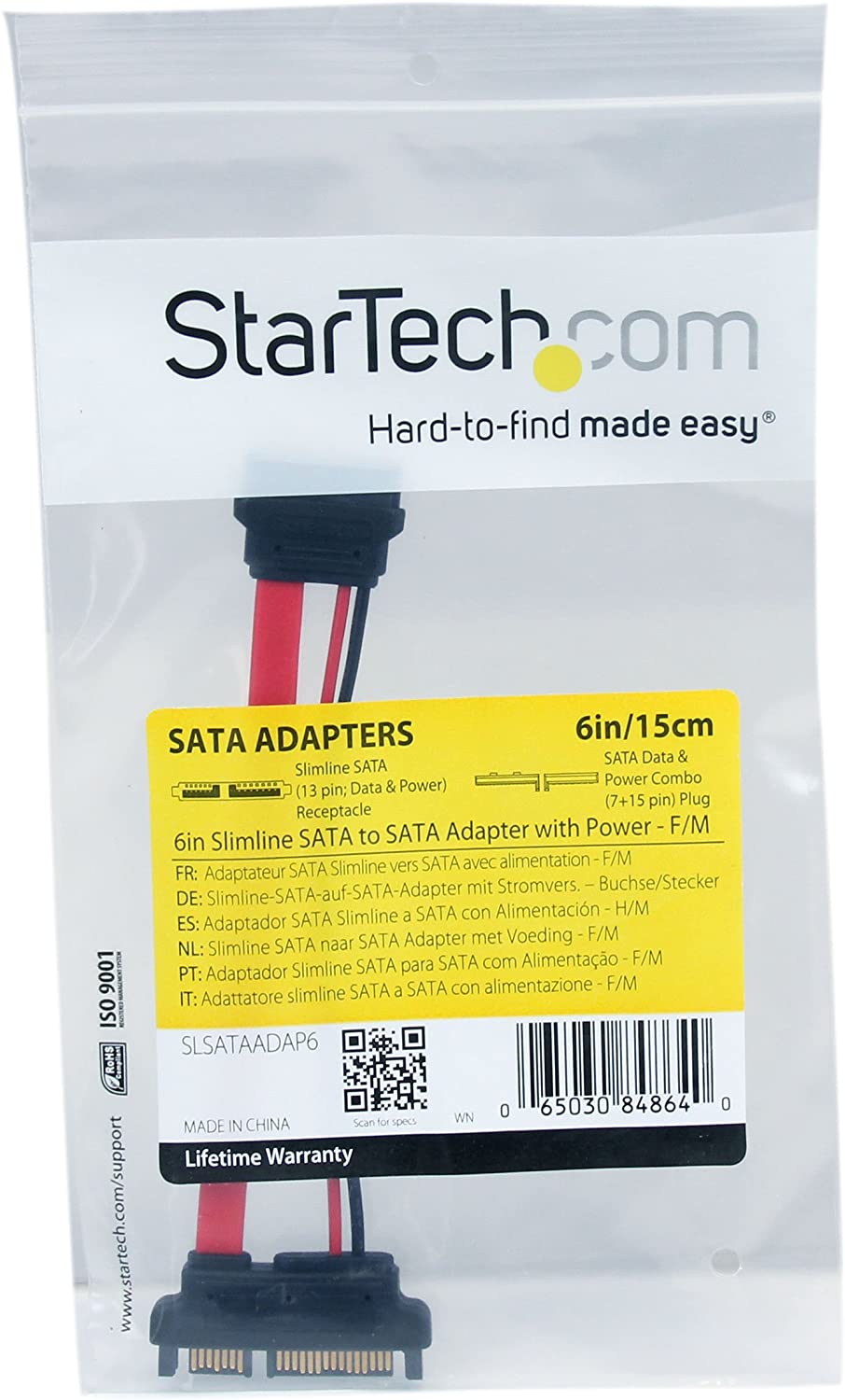 StarTech.com 6in Slimline SATA to SATA Adapter with Power - Slim SATA (F) to SATA (M) - Slimline Serial ATA to SATA (SLSATAADAP6) , Red