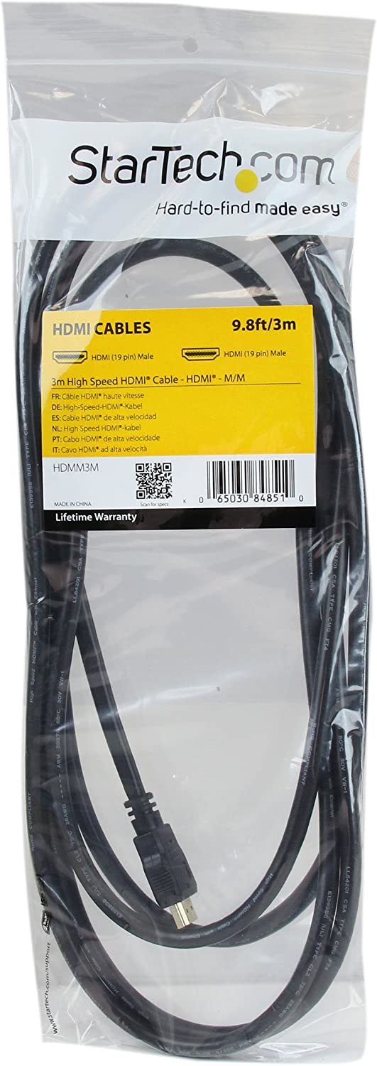 StarTech.com 3m (10ft) HDMI Cable - 4K High Speed HDMI Cable with Ethernet - UHD 4K 30Hz Video - HDMI 1.4 Cable - Ultra HD HDMI Monitors, Projectors, TVs & Displays - Black HDMI Cord - M/M (HDMM3M) 3 meter