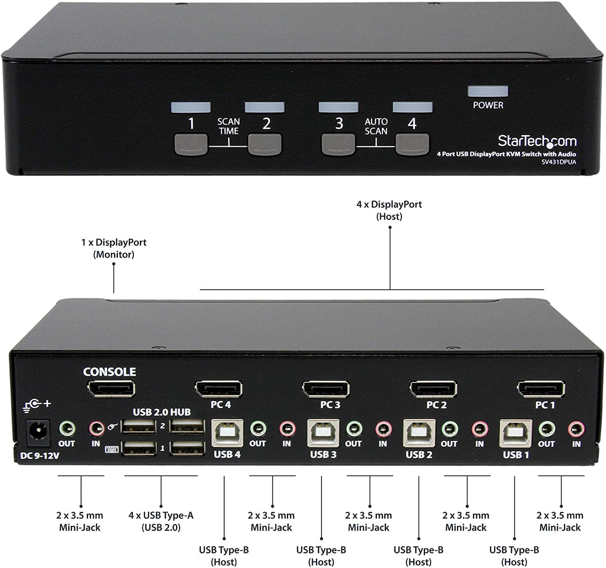 StarTech.com 4 Port DisplayPort KVM Switch - 4K 60Hz - Single Display - Dual Port UHD DP 1.2 USB KVM Switch with Integrated USB 2.0 Hub & Audio - Dell, HP, Apple, Lenovo - TAA Compliant (SV431DPUA2)