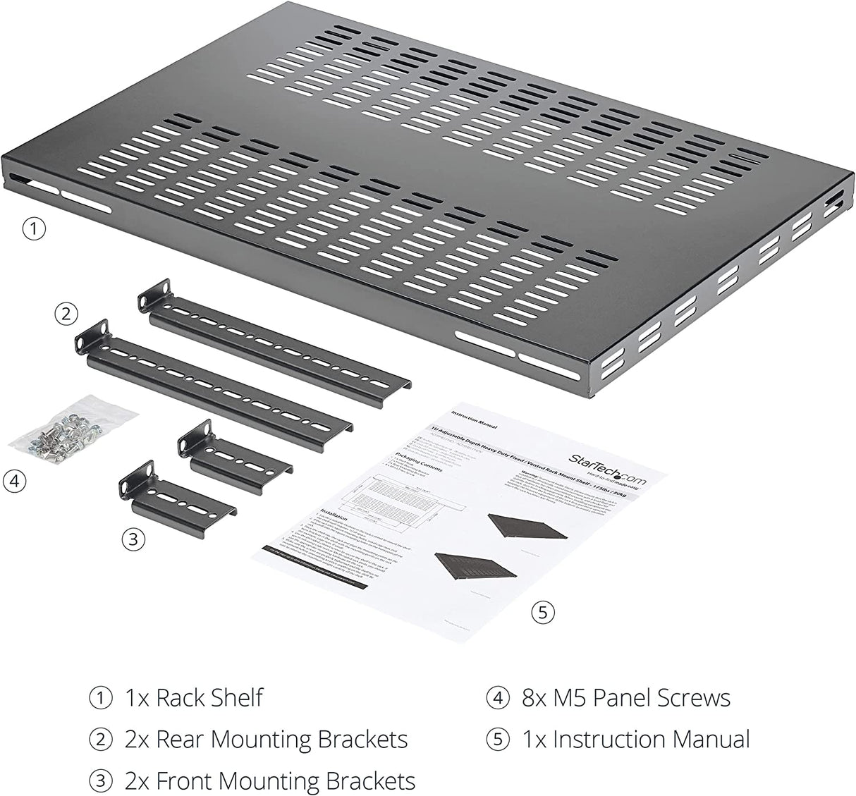 StarTech.com 1U Adjustable Vented Server Rack Mount Shelf - 250lbs - 19.5 to 38in Adjustable Mounting Depth Universal Tray for 19" AV/ Network Equipment Rack - 27.5in Deep (ADJSHELFHDV) 250 lbs | Vented Shelf