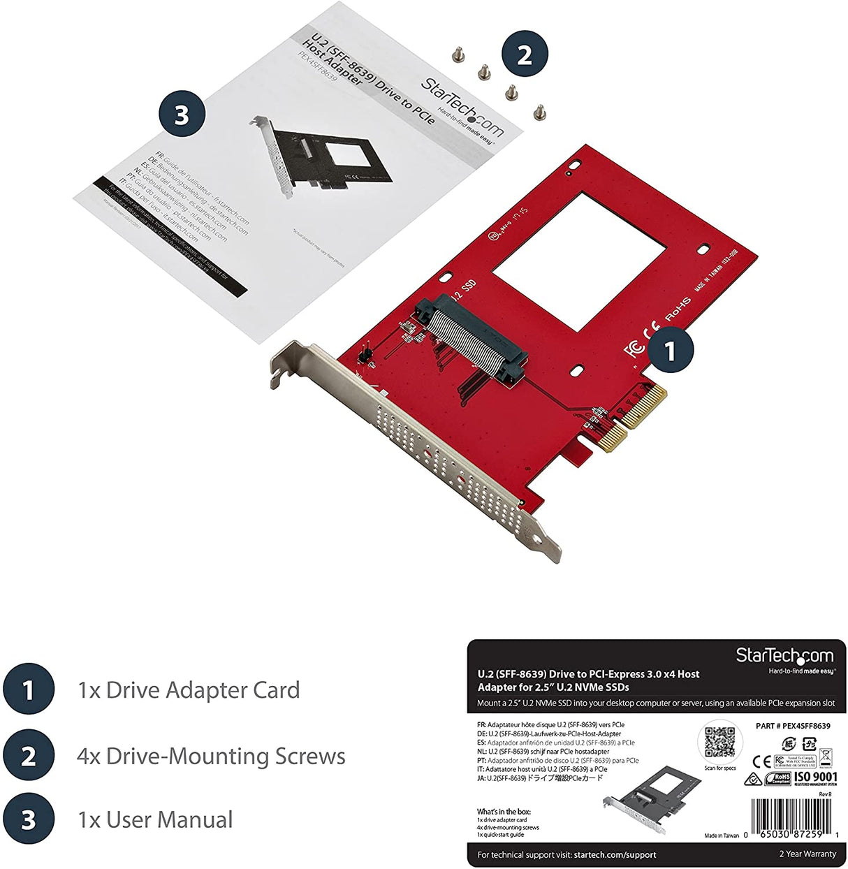 StarTech.com U.2 to PCIe Adapter - x4 PCIe - For 2.5" U.2 NVMe SSD - SFF-8639 PCIe Adapter - U.2 SSD - PCIe SSD - U.2 drive (PEX4SFF8639) 0.9" x 4.8" x 6.5" PCIe