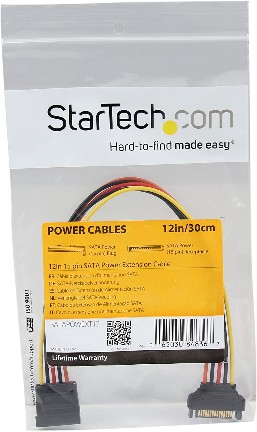 StarTech.com 12in 15 pin SATA Power Extension Cable - SATA Power Male to Female Extender - 12 Inch SATA Power Extension Cord (SATAPOWEXT12)