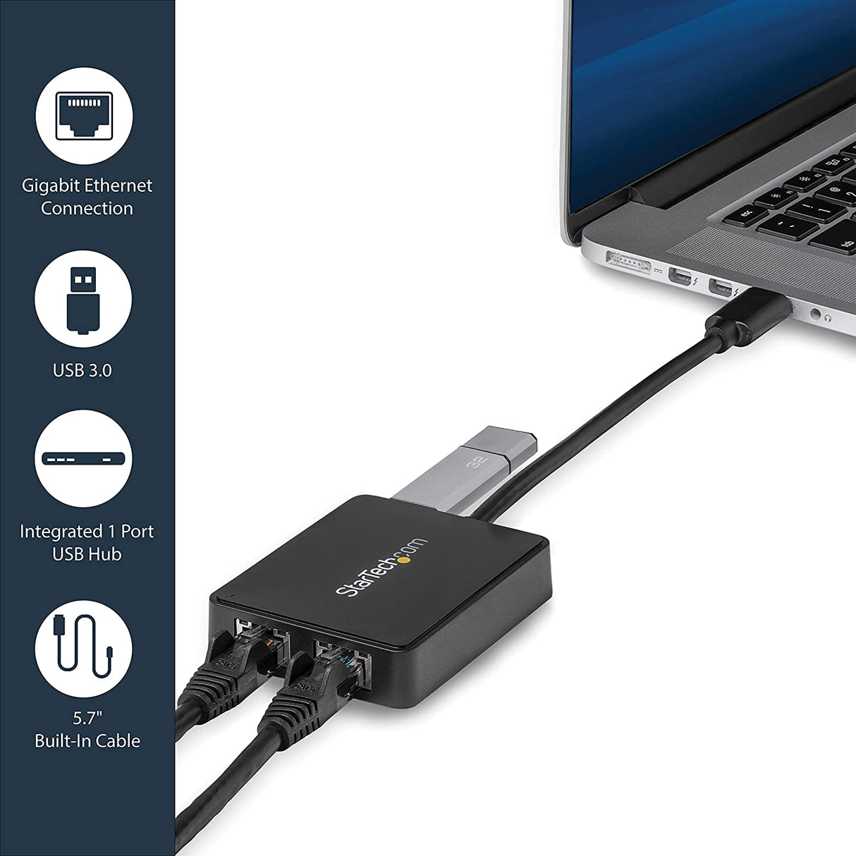 StarTech.com USB 3.0 to Dual Port Gigabit Ethernet Adapter w/USB Port - 10/100/100 - USB Gigabit LAN Network NIC Adapter (USB32000SPT) Black Black