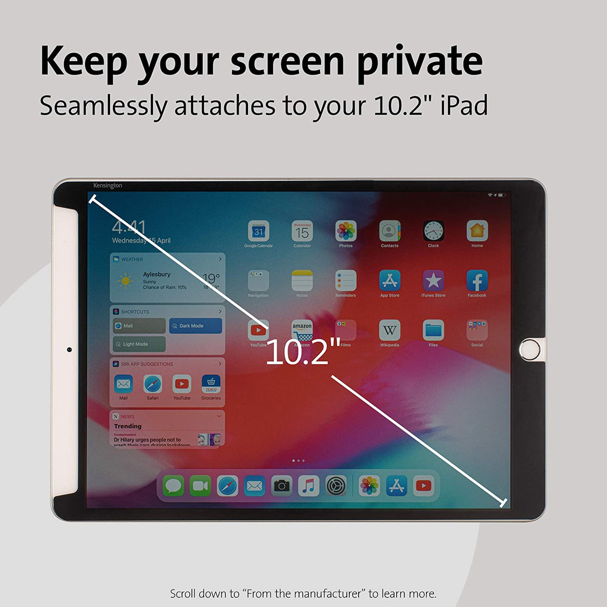 Kensington SA102 Screen Protector Designed for iPad 10.2-inch 2019/2020 (8th & 7th Generation), Easy Installation with a Washable & Resuable Adhesive (K50726WW), Black border iPad 10.2-inch 8th & 7th Generation (2020/2019)