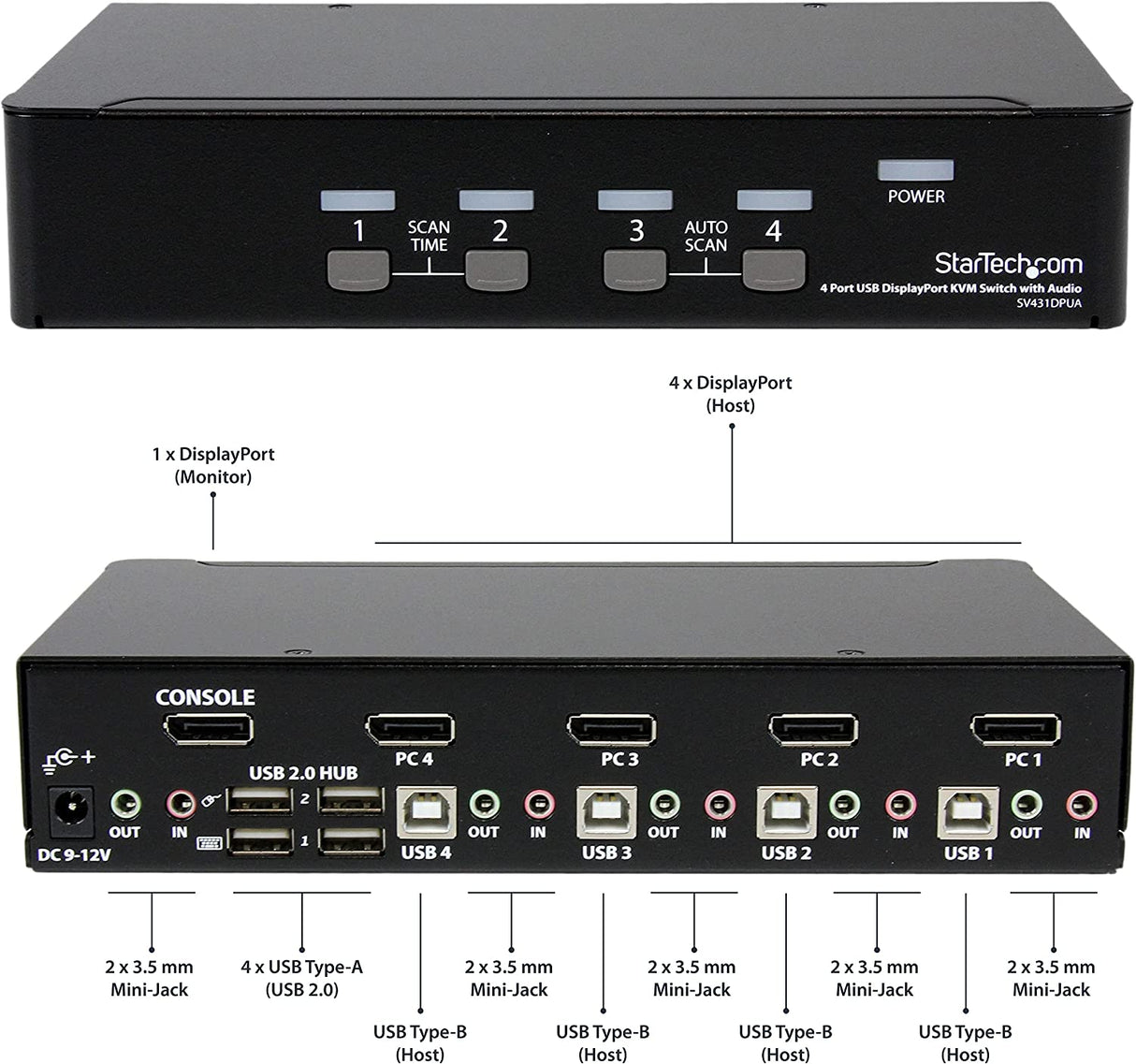 StarTech.com 4 Port DisplayPort KVM Switch - 4K 60Hz - Single Display - Dual Port UHD DP 1.2 USB KVM Switch with Integrated USB 2.0 Hub & Audio - Dell, HP, Apple, Lenovo - TAA Compliant (SV431DPUA2)