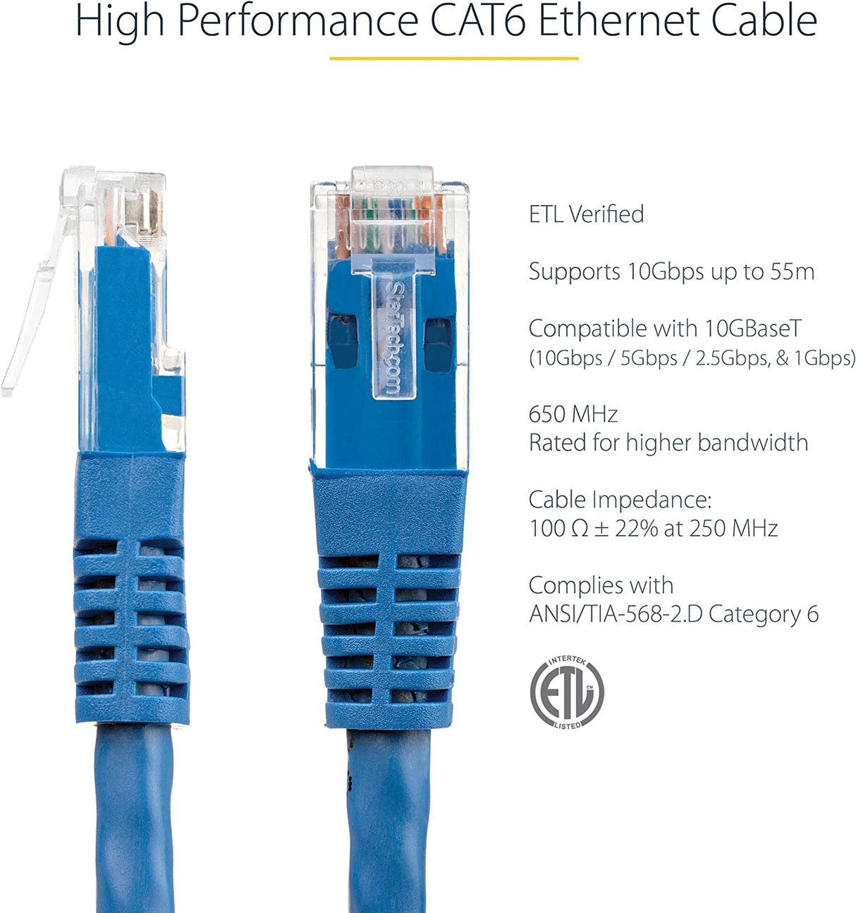 StarTech.com 6ft CAT6 Ethernet Cable - Blue CAT 6 Gigabit Ethernet Wire -650MHz 100W PoE++ RJ45 UTP Molded Category 6 Network/Patch Cord w/Strain Relief/Fluke Tested UL/TIA Certified (C6PATCH6BL) Blue 6 ft / 1.82 m 1 Pack