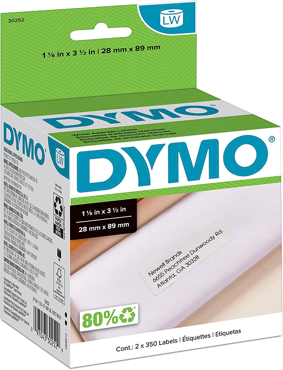 DYMO 30252 LW Mailing Address Labels for LabelWriter Label Printers, White, 1-1/8'' x 3-1/2'', 2 Rolls of 350 2 Rolls Address Labels