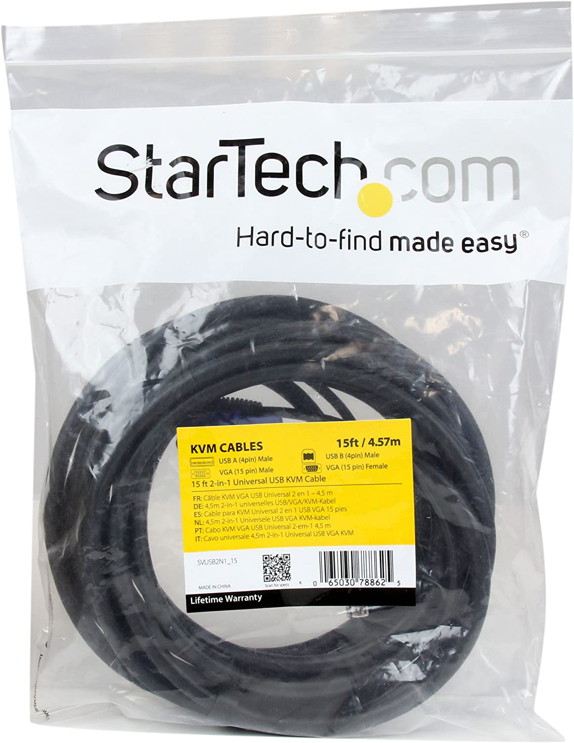 StarTech.com 2-in-1 Universal USB KVM Cable - Video / USB cable - HD-15 (VGA), USB Type B (M) to USB, HD-15 (VGA) - 15 ft - SVUSB2N1_15, Black 15 ft USB