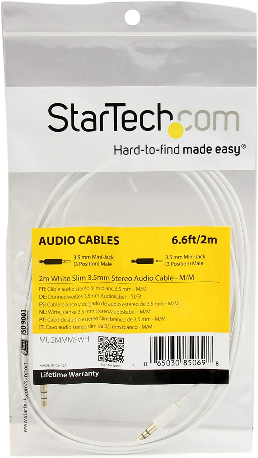 StarTech.com 2m White Slim 3.5mm Stereo Audio Cable - 3.5mm Audio Aux Stereo - Male to Male Headphone Cable - 2x 3.5mm Mini Jack (M) White (MU2MMMSWH)