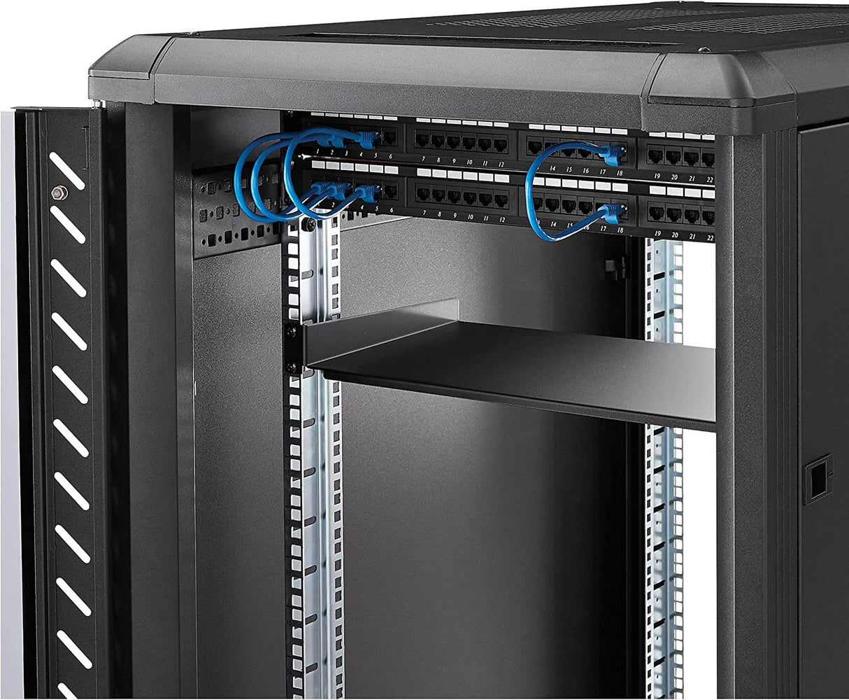 StarTech.com 1U Fixed Server Rack Mount Shelf - 10in Deep Steel Universal Cantilever Tray For 19" AV/ Network Equipment Rack - Heavy Duty Steel - Weight Capacity 44lbs/20kg, Black (CABSHELF1U10) 10" Depth 1U Rack Shelf