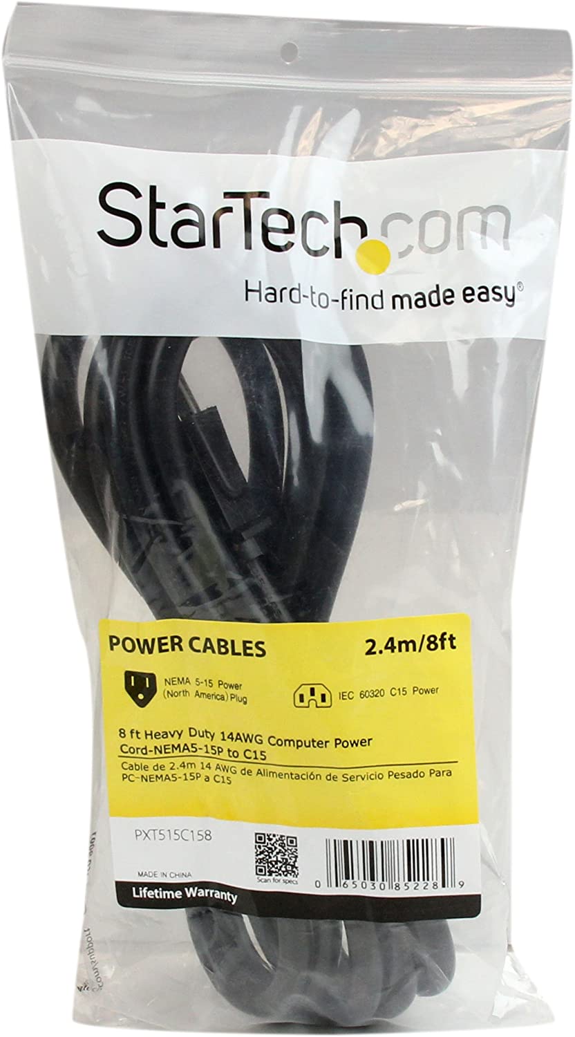 StarTech.com 8ft (2.4m) Heavy Duty Power Cord, NEMA 5-15P to C15 AC Power Cord, 15A 125V, 14AWG, Replacement Computer Power Cord, Monitor Power Cable, PC Power Supply Cable, UL Listed (PXT515C158) 8 ft / 2.5m 14 AWG