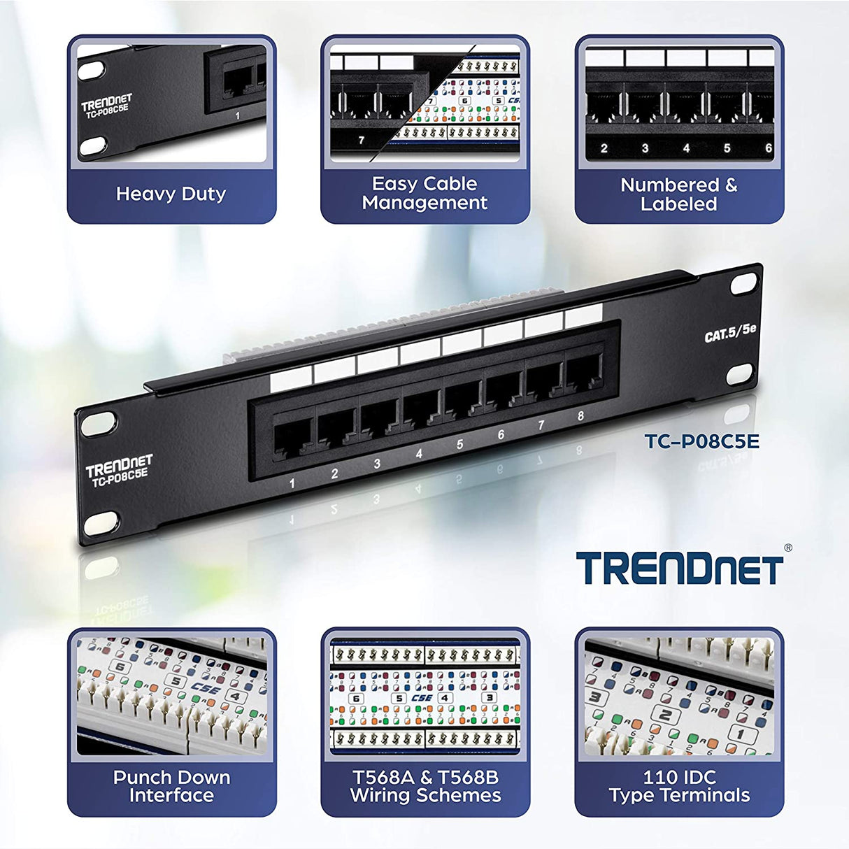 TRENDnet 8 Port Cat5/5e Unshielded Patch Panel,TC-P08C5E, Wallmount or Rackmount, 10 Inch Wide, 8 x Gigabit RJ-45 Ethernet Ports, 100 Mhz Connection, Color Coded Labeling,110 IDC Terminal Blocks,black