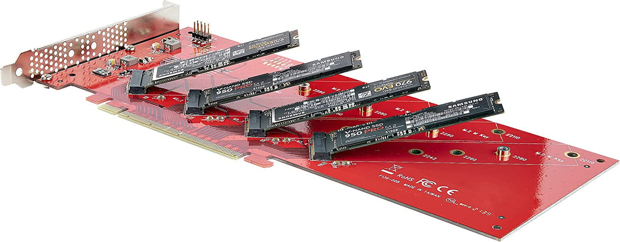 StarTech.com Quad M.2 PCIe Adapter Card, PCIe x16 to Quad NVMe or AHCI M.2 SSDs, PCI Express 4.0, 7.8GBps/Drive, Bifurcation Required, Windows/Linux Compatible (QUAD-M2-PCIE-CARD-B)